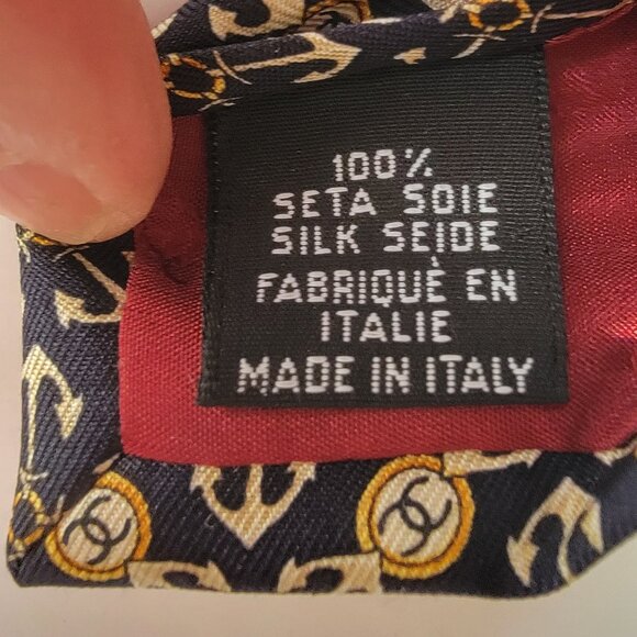 CHANEL Men's Vintage Tie 100% Silk Made in Italy black gold white CCs & anchors - Picture 3 of 5